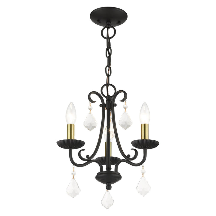 3 Light Black Mini Chandelier With Antique Brass Finish Accents
