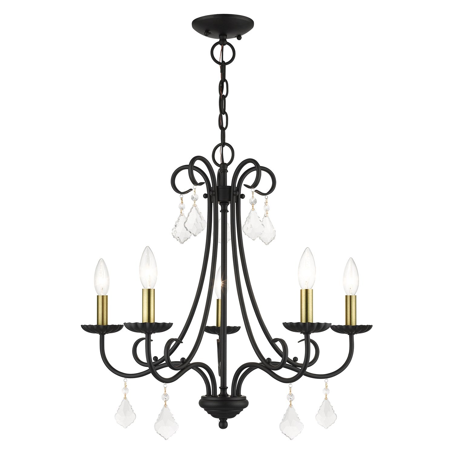5 Light Black Chandelier With Antique Brass Finish Accents And Clear Crystals by Livex Lighting