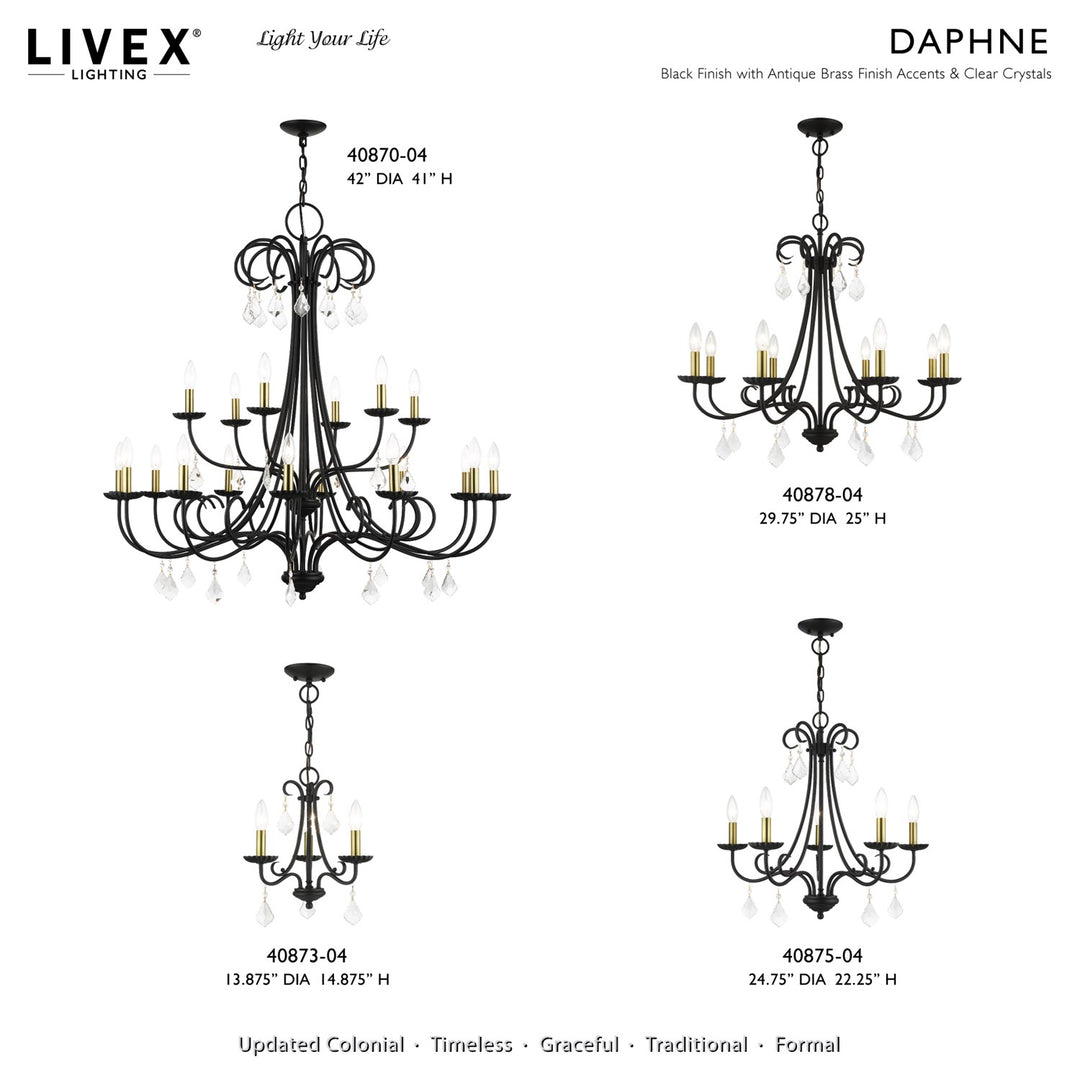 5 Light Black Chandelier With Antique Brass Finish Accents And Clear Crystals
