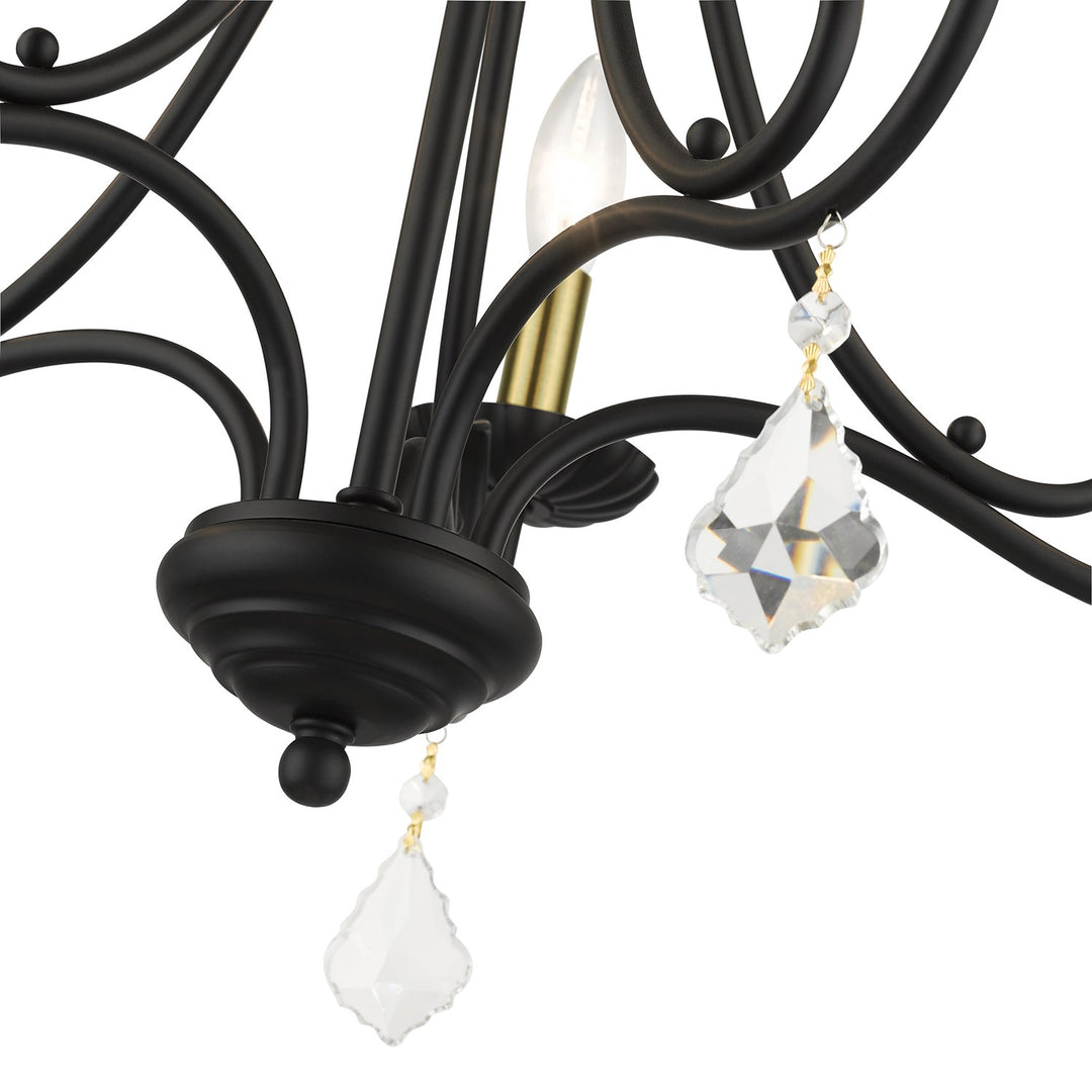 5 Light Black Chandelier With Antique Brass Finish Accents And Clear Crystals