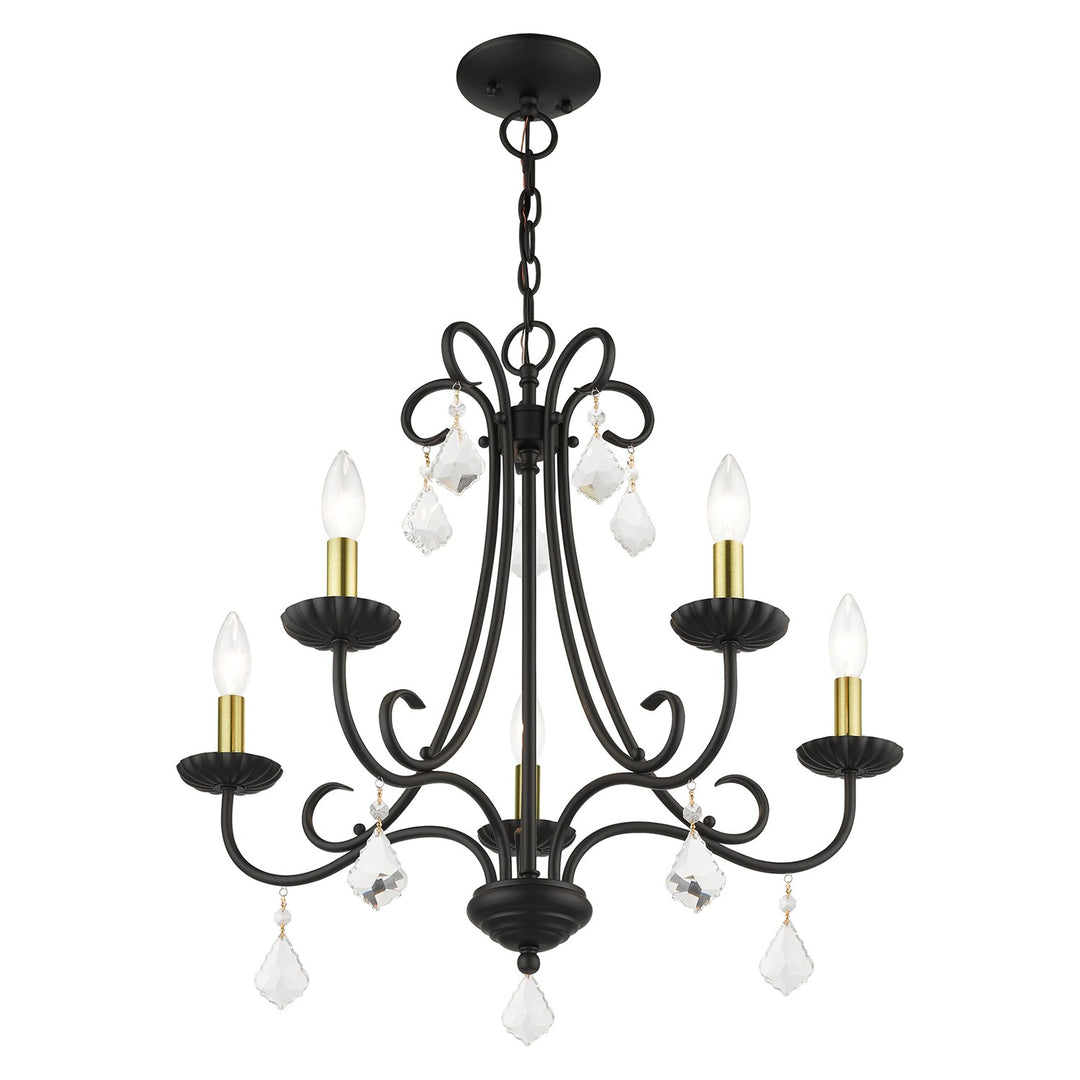 5 Light Black Chandelier With Antique Brass Finish Accents And Clear Crystals
