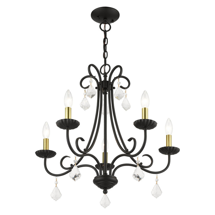 5 Light Black Chandelier With Antique Brass Finish Accents And Clear Crystals