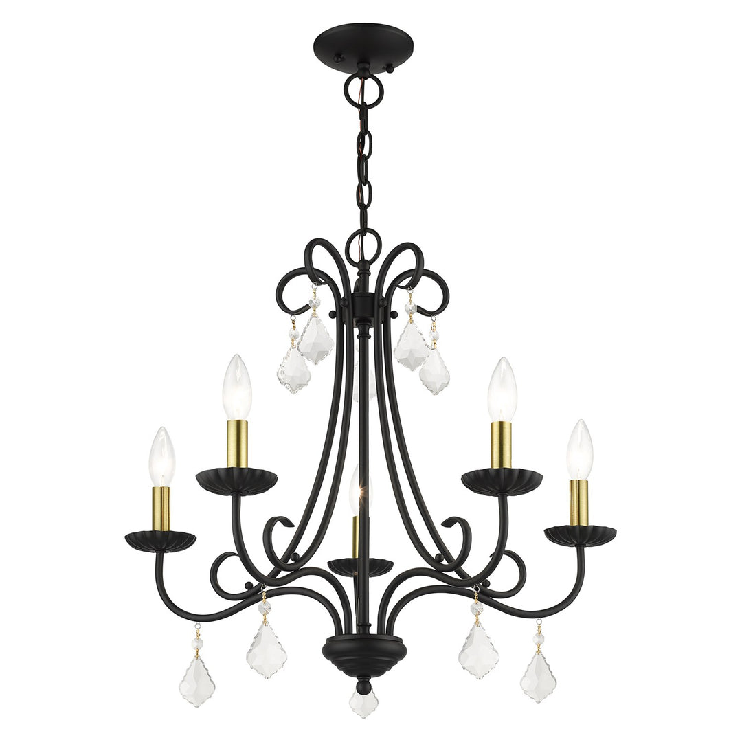 5 Light Black Chandelier With Antique Brass Finish Accents And Clear Crystals
