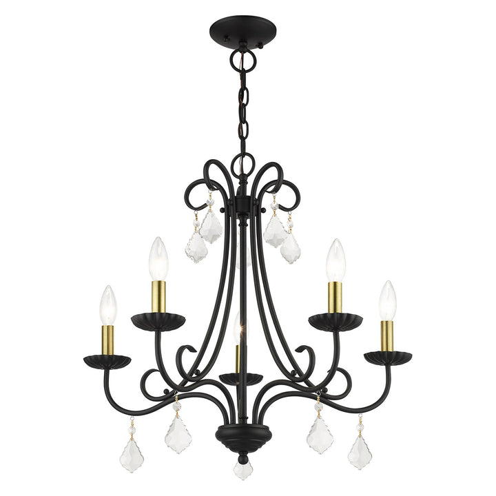 5 Light Black Chandelier With Antique Brass Finish Accents And Clear Crystals