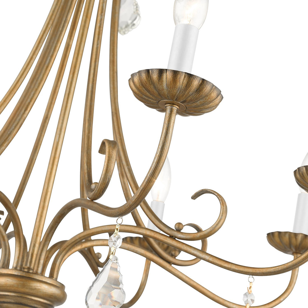 8 Light Antique Gold Leaf Large Chandelier With Clear Crystals