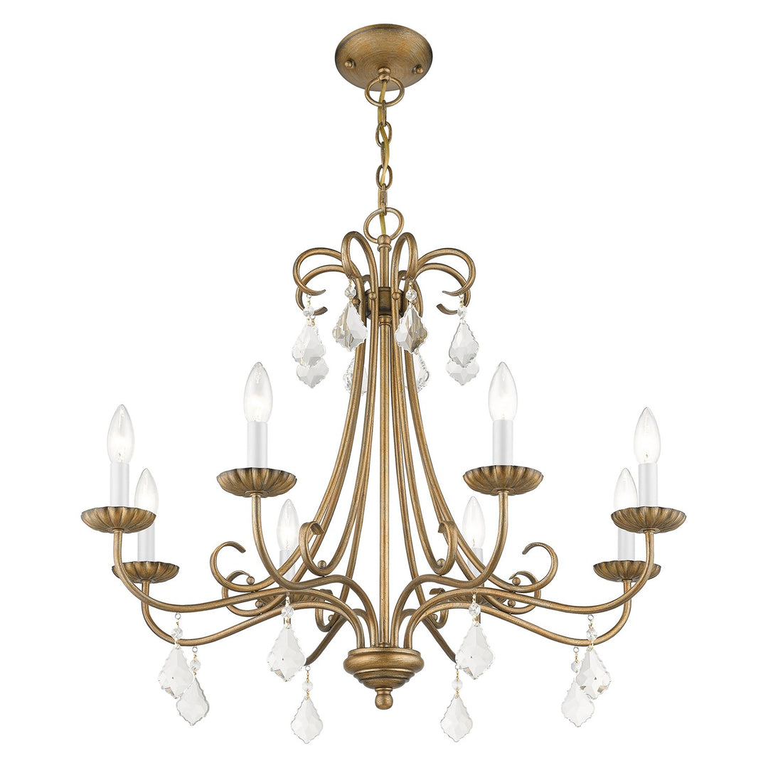 8 Light Antique Gold Leaf Large Chandelier With Clear Crystals