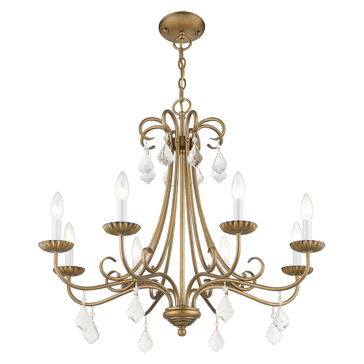 8 Light Antique Gold Leaf Large Chandelier With Clear Crystals