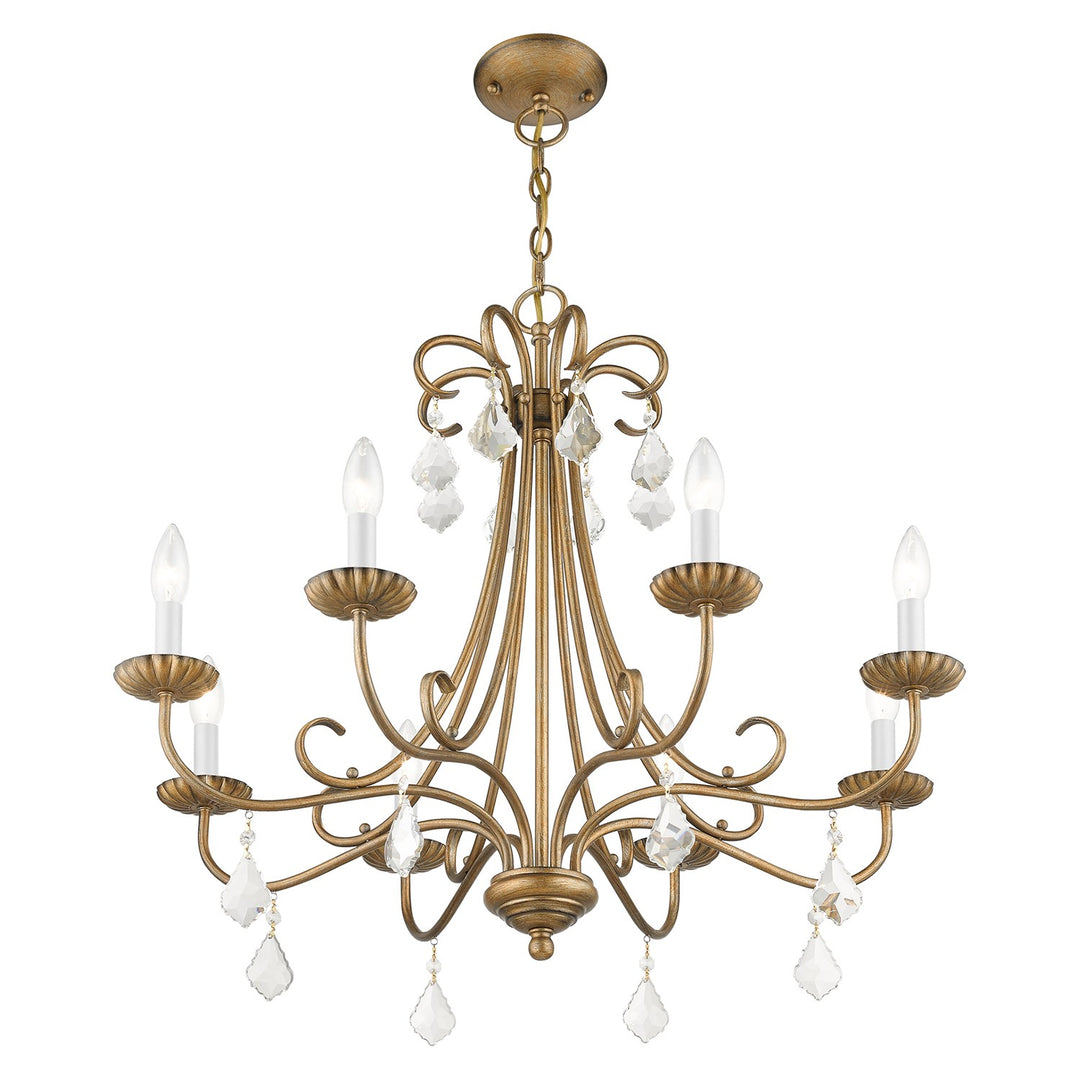 8 Light Antique Gold Leaf Large Chandelier With Clear Crystals