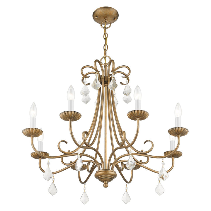 8 Light Antique Gold Leaf Large Chandelier With Clear Crystals
