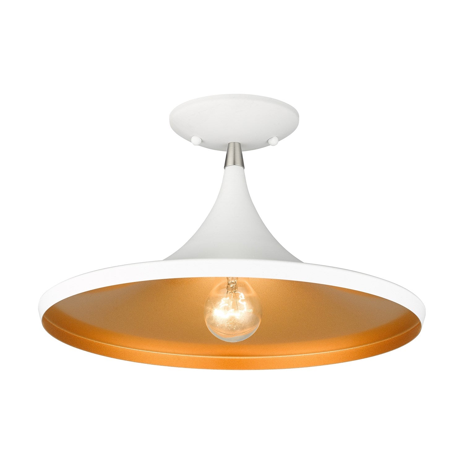 1 Light White Semi-Flush With Brushed Nickel Finish Accents