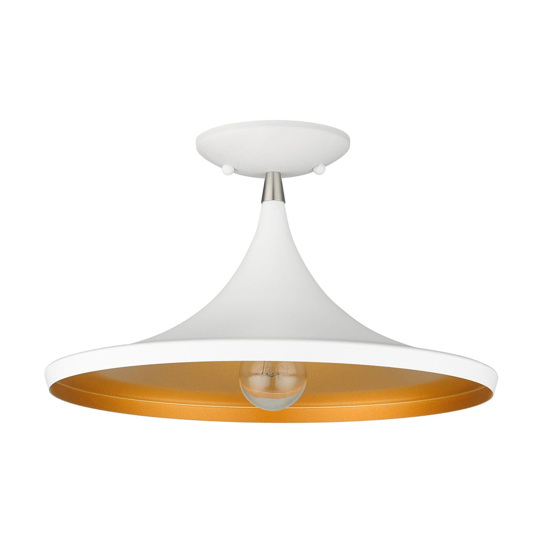 1 Light White Semi-Flush With Brushed Nickel Finish Accents