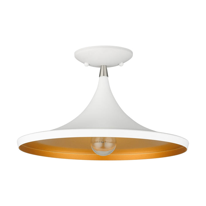 1 Light White Semi-Flush With Brushed Nickel Finish Accents