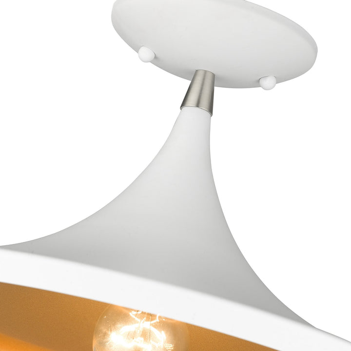 1 Light White Semi-Flush With Brushed Nickel Finish Accents