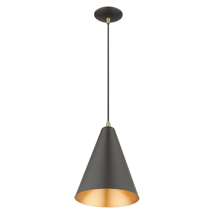 1 Light Bronze Cone Pendant With Antique Brass Accents