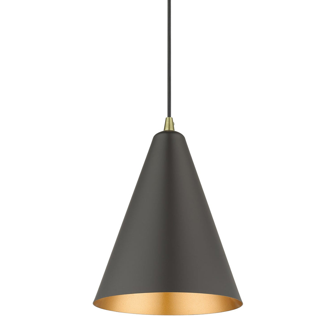1 Light Bronze Cone Pendant With Antique Brass Accents