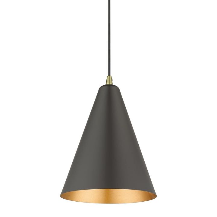 1 Light Bronze Cone Pendant With Antique Brass Accents