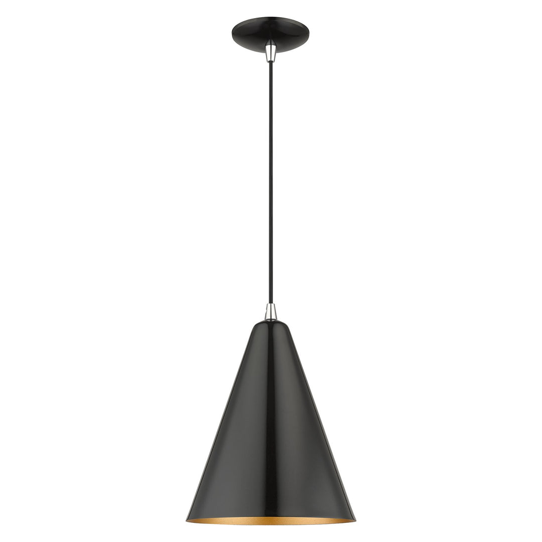 1 Light Shiny Black Cone Pendant With Polished Chrome Accents by Livex Lighting