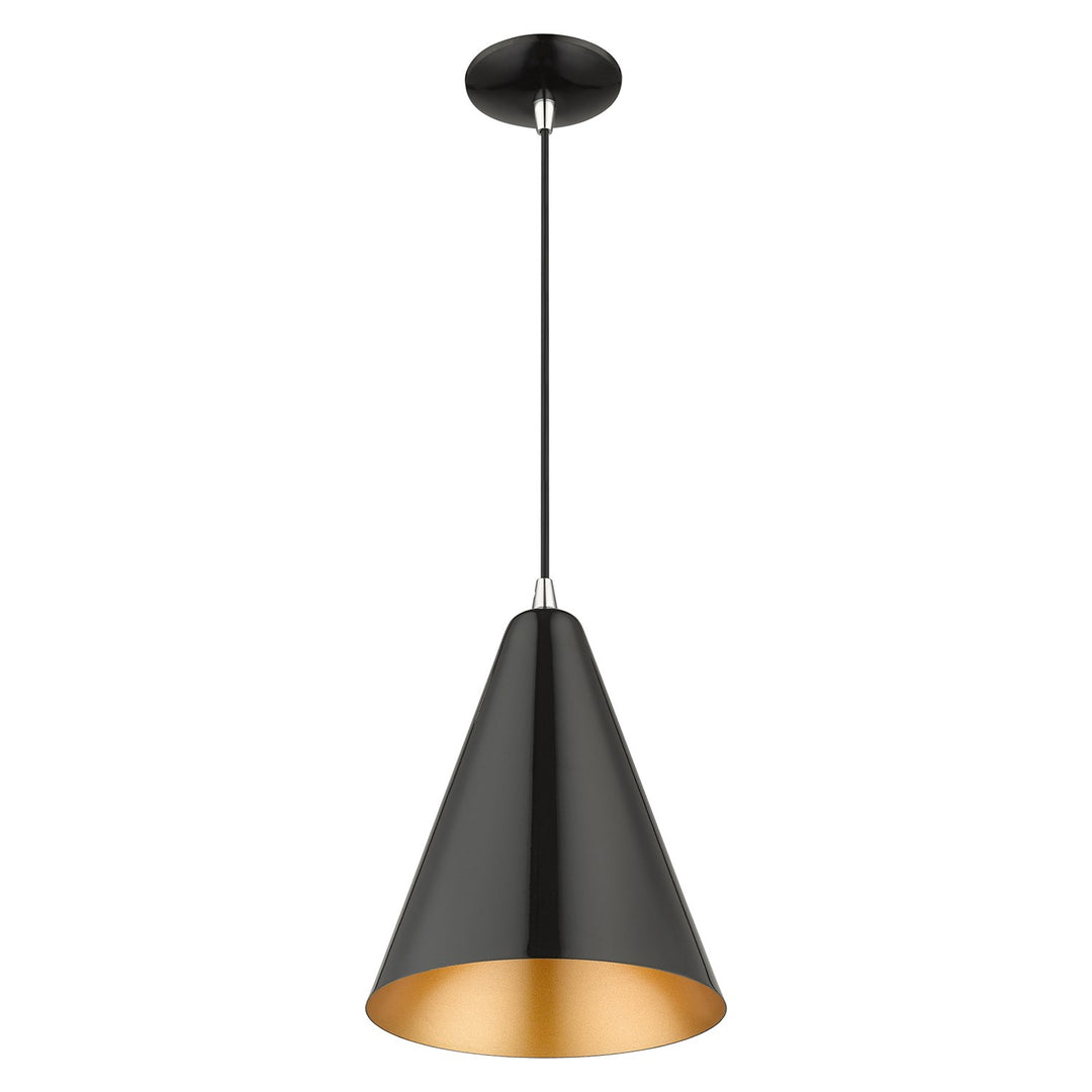 1 Light Shiny Black Cone Pendant With Polished Chrome Accents