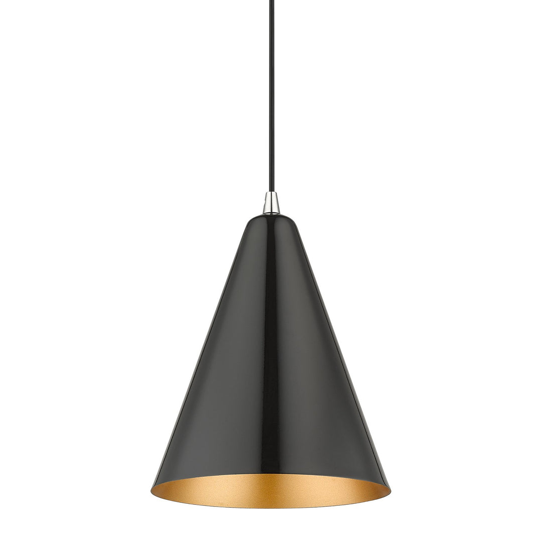 1 Light Shiny Black Cone Pendant With Polished Chrome Accents