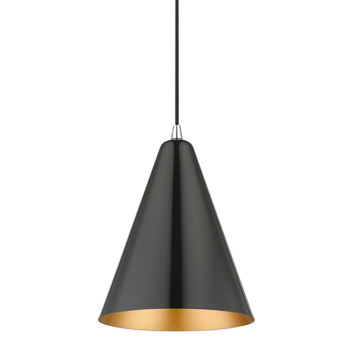 1 Light Shiny Black Cone Pendant With Polished Chrome Accents