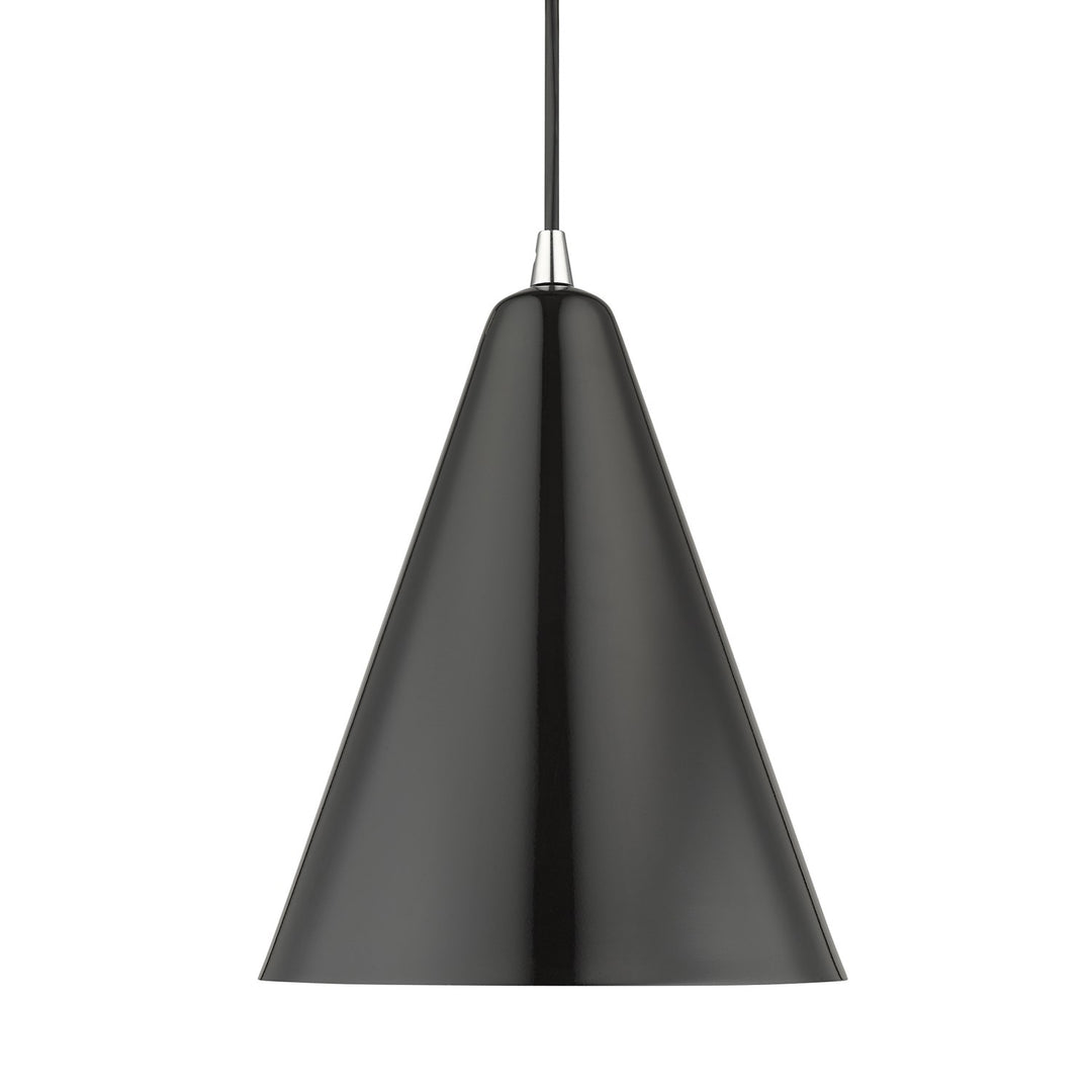 1 Light Shiny Black Cone Pendant With Polished Chrome Accents