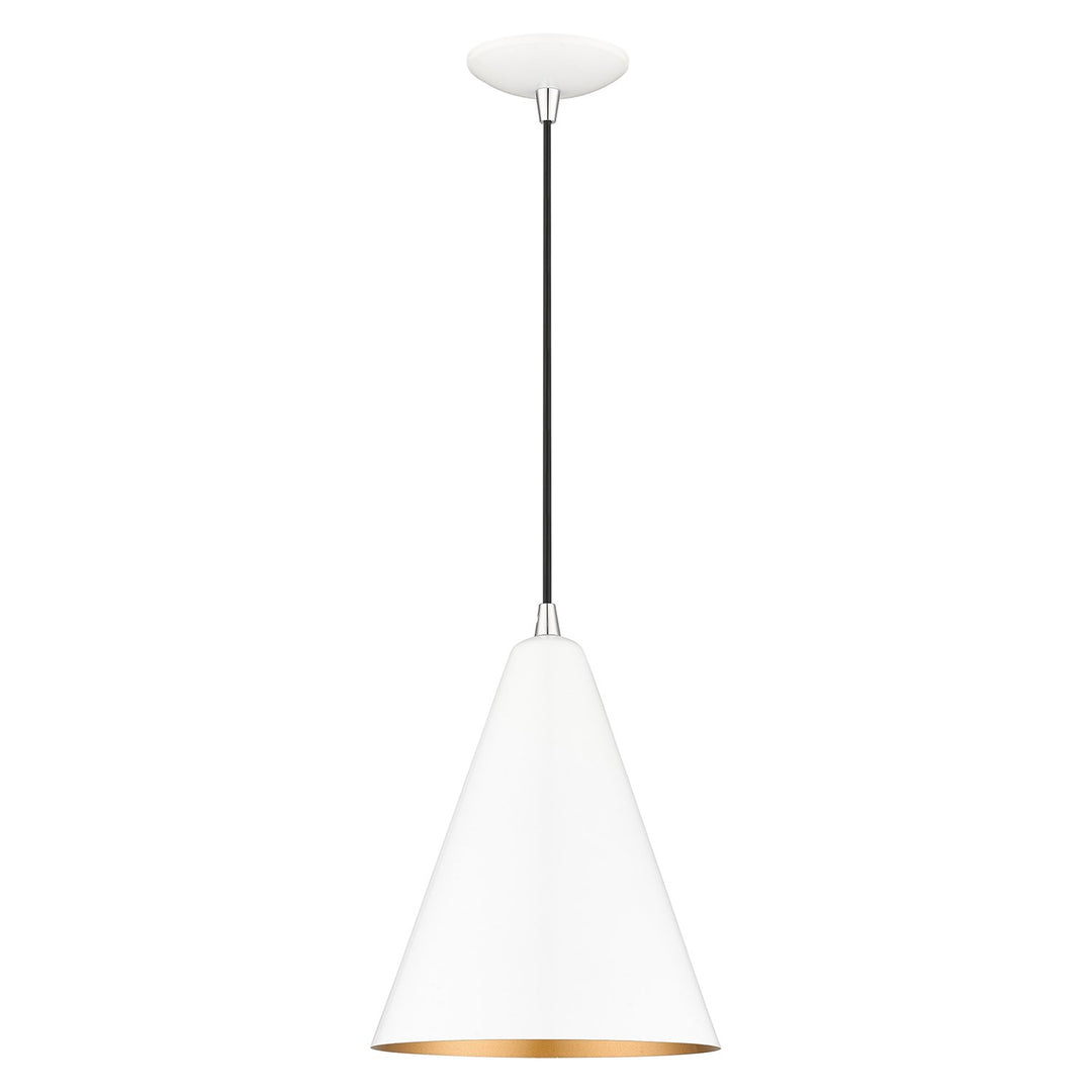 1 Light Shiny White Cone Pendant With Polished Chrome Accents by Livex Lighting