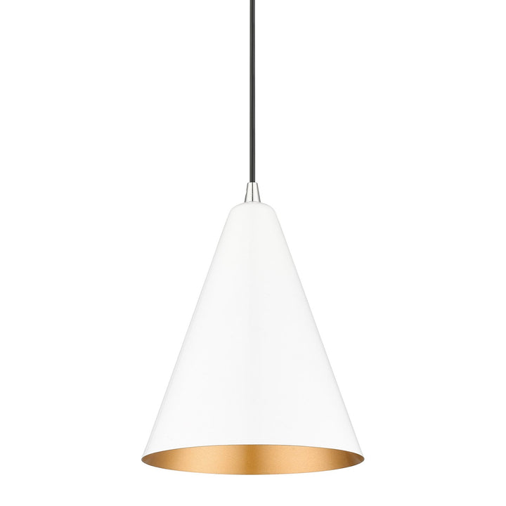 1 Light Shiny White Cone Pendant With Polished Chrome Accents