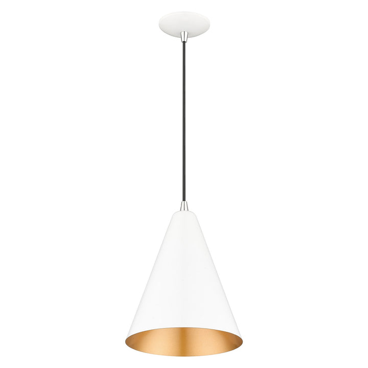 1 Light Shiny White Cone Pendant With Polished Chrome Accents