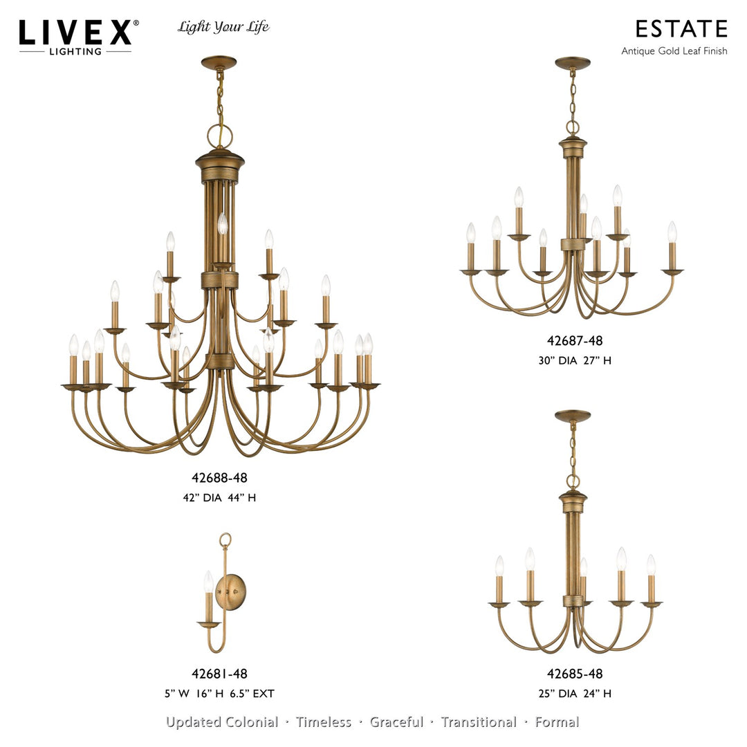 9 Light Antique Gold Leaf Large 2-Tier Chandelier