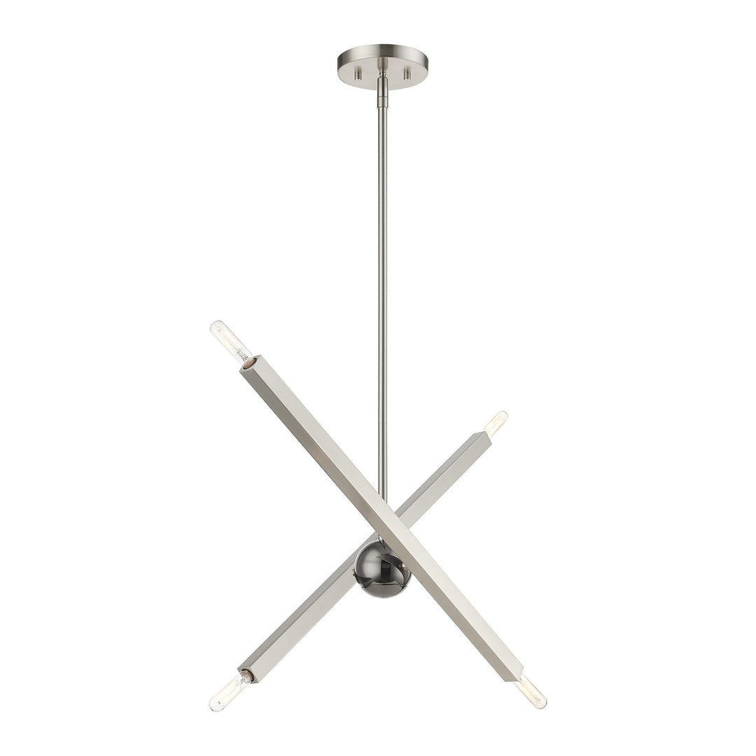 4 Light Brushed Nickel Linear Chandelier With Black Chrome Finish Accent