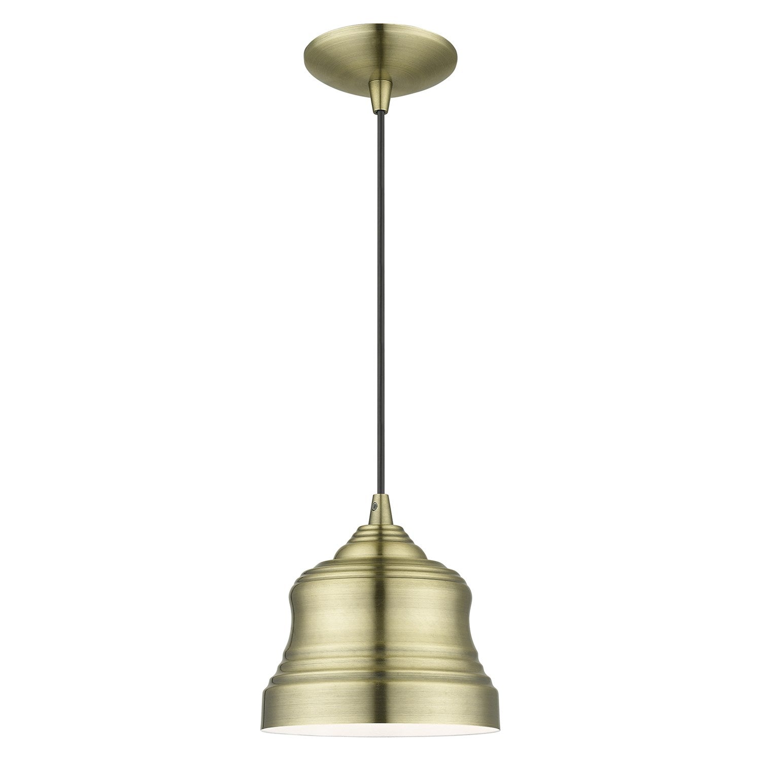 1 Light Antique Brass Mini Bell Pendant With Shiny White Finish Inside by Livex Lighting