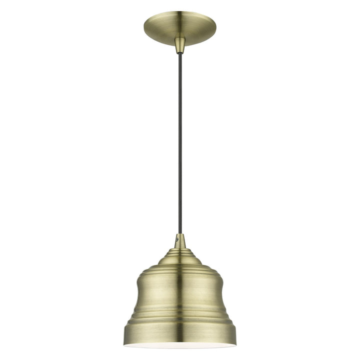 1 Light Antique Brass Mini Bell Pendant With Shiny White Finish Inside by Livex Lighting