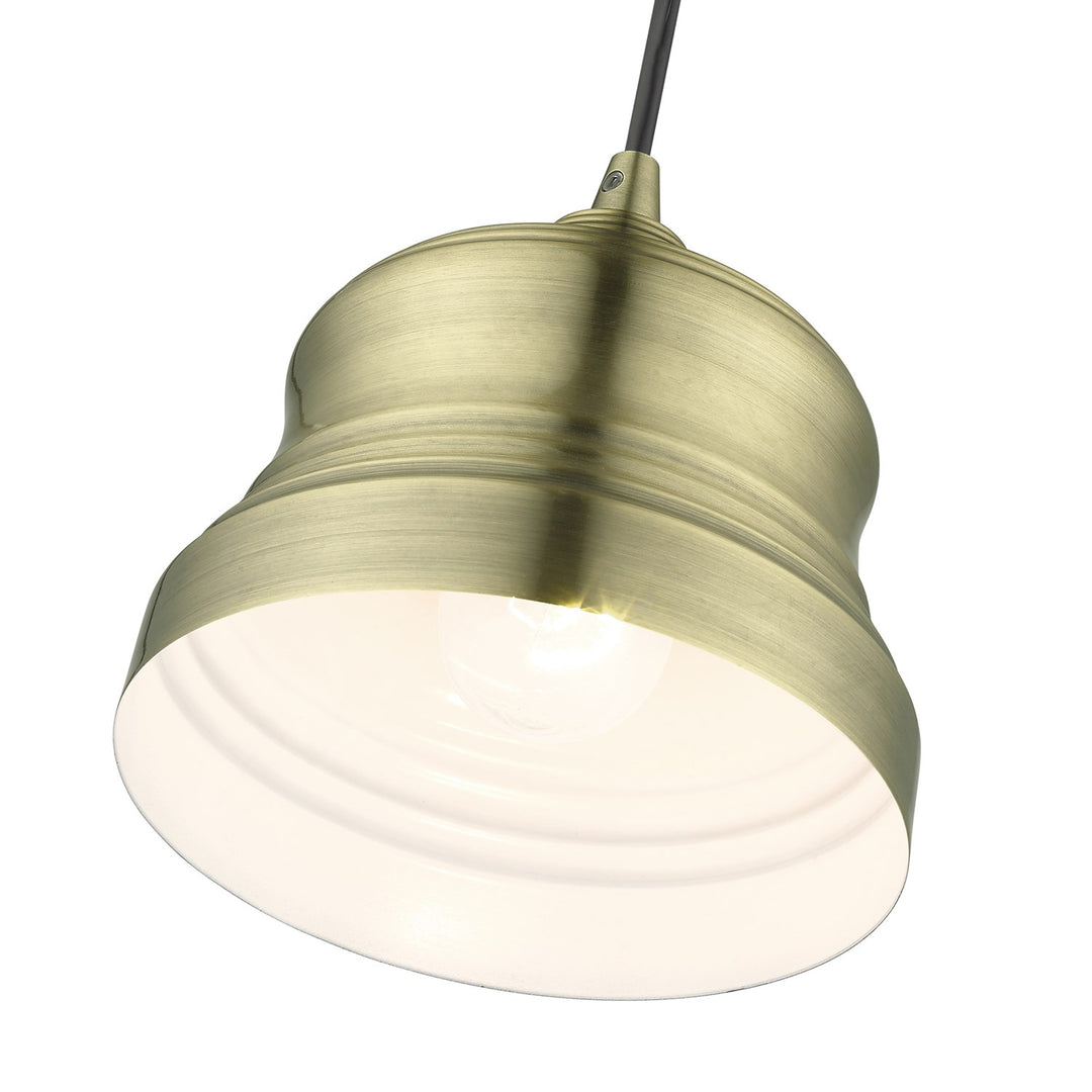 1 Light Antique Brass Mini Bell Pendant With Shiny White Finish Inside