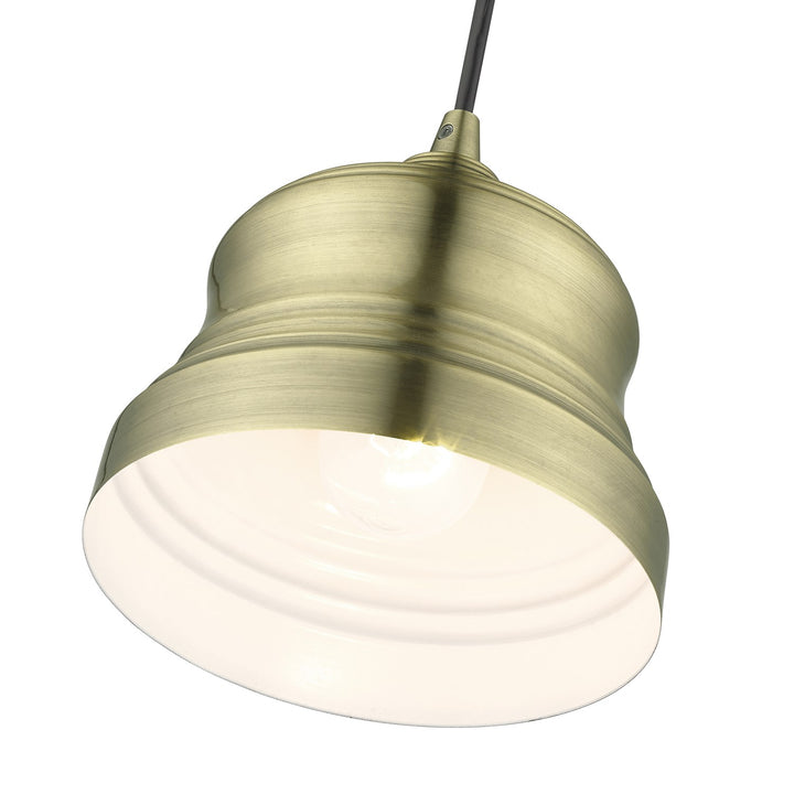1 Light Antique Brass Mini Bell Pendant With Shiny White Finish Inside