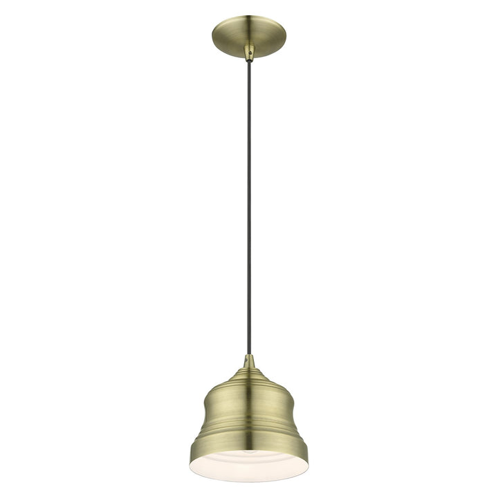 1 Light Antique Brass Mini Bell Pendant With Shiny White Finish Inside