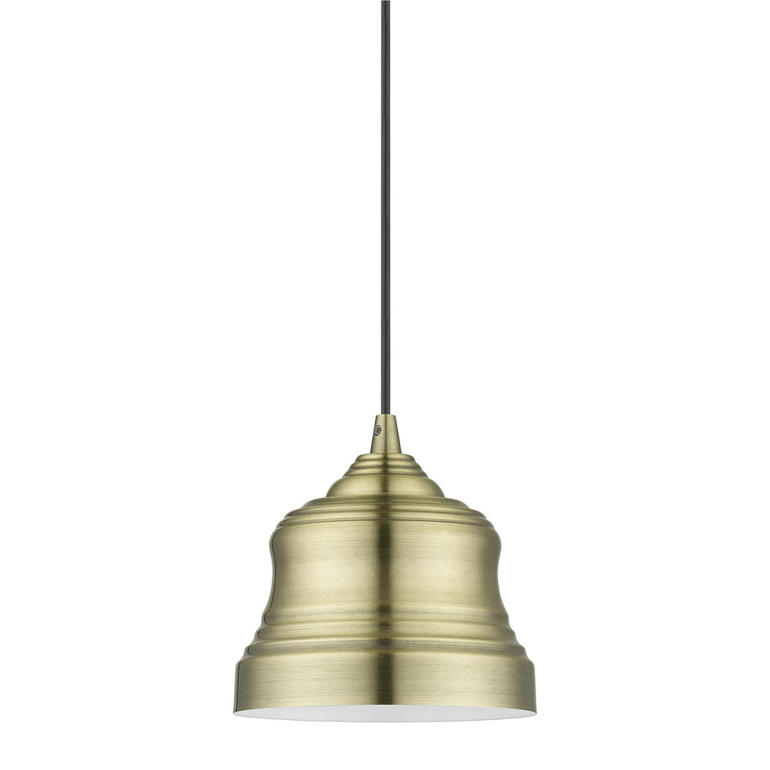 1 Light Antique Brass Mini Bell Pendant With Shiny White Finish Inside