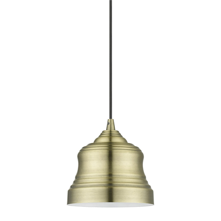 1 Light Antique Brass Mini Bell Pendant With Shiny White Finish Inside