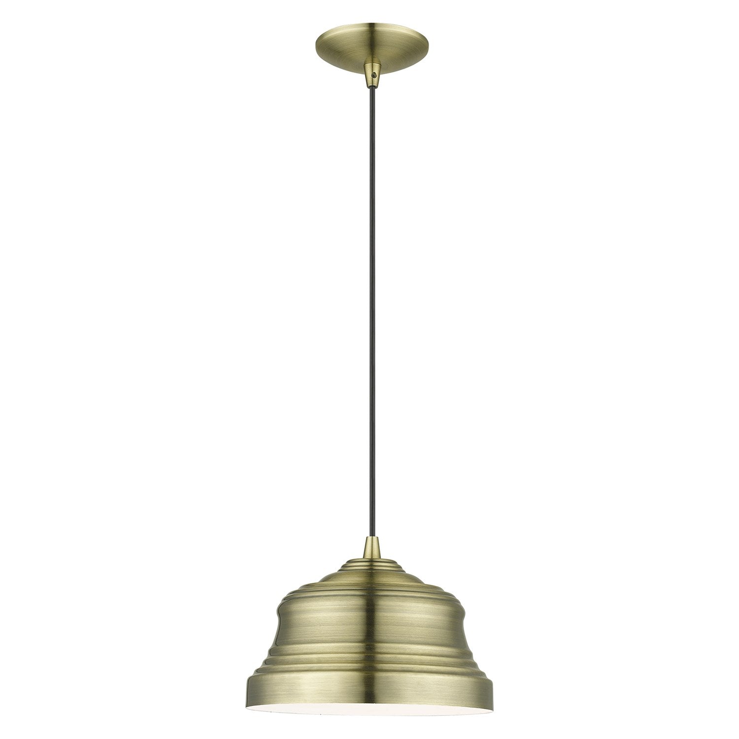 1 Light Antique Brass Bell Pendant With Shiny White Finish Inside by Livex Lighting
