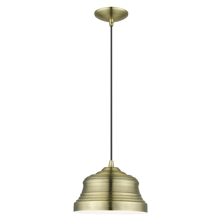 1 Light Antique Brass Bell Pendant With Shiny White Finish Inside by Livex Lighting