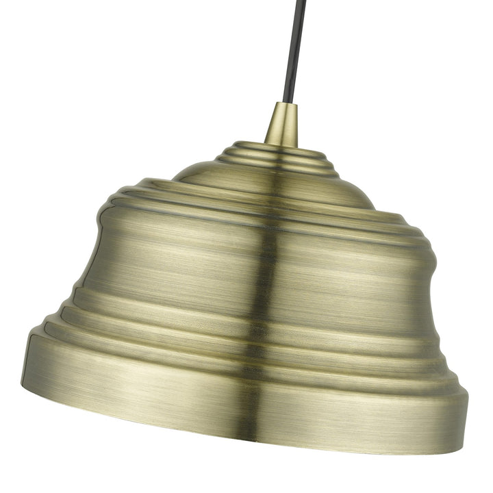 1 Light Antique Brass Bell Pendant With Shiny White Finish Inside