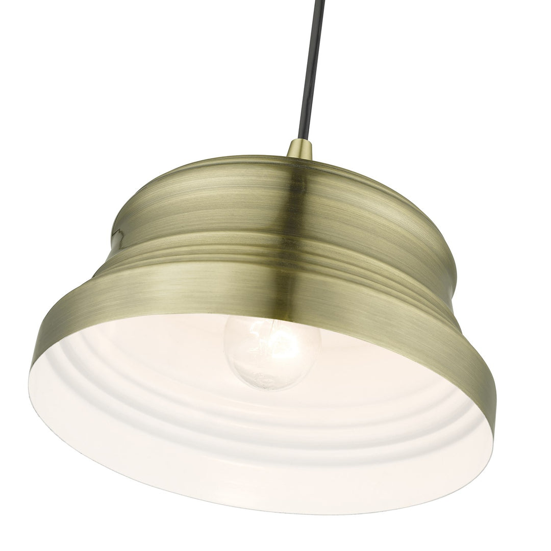 1 Light Antique Brass Bell Pendant With Shiny White Finish Inside