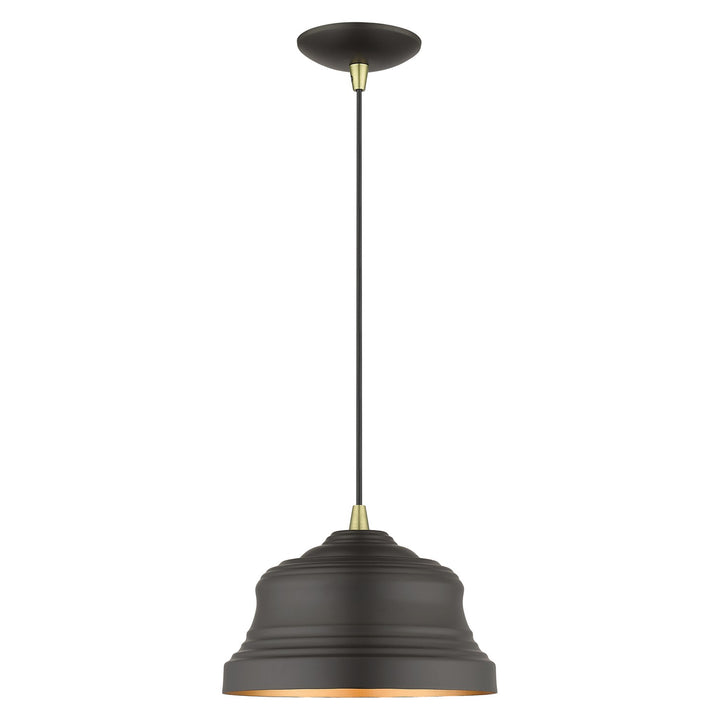 1 Light Bronze Bell Pendant With Gold Finish Inside by Livex Lighting