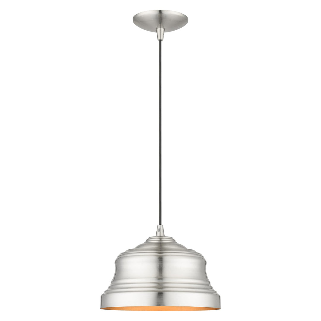 1 Light Brushed Nickel Bell Pendant With Gold Finish Inside by Livex Lighting
