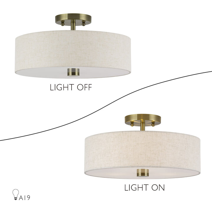 3 Light Antique Brass Large Semi-Flush
