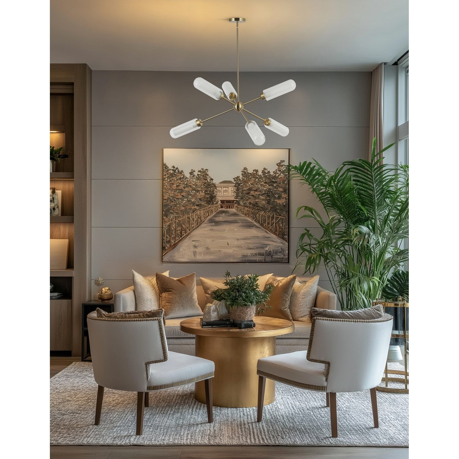 6 Light Aged Brass Chandelier W/ Clear Fluted & Frosted Glass