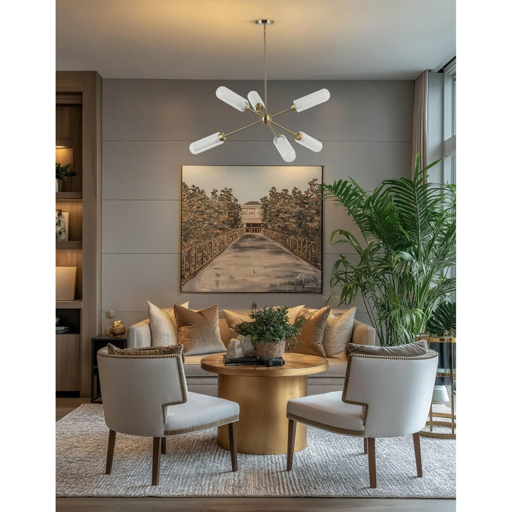 6 Light Aged Brass Chandelier W/ Clear Fluted & Frosted Glass