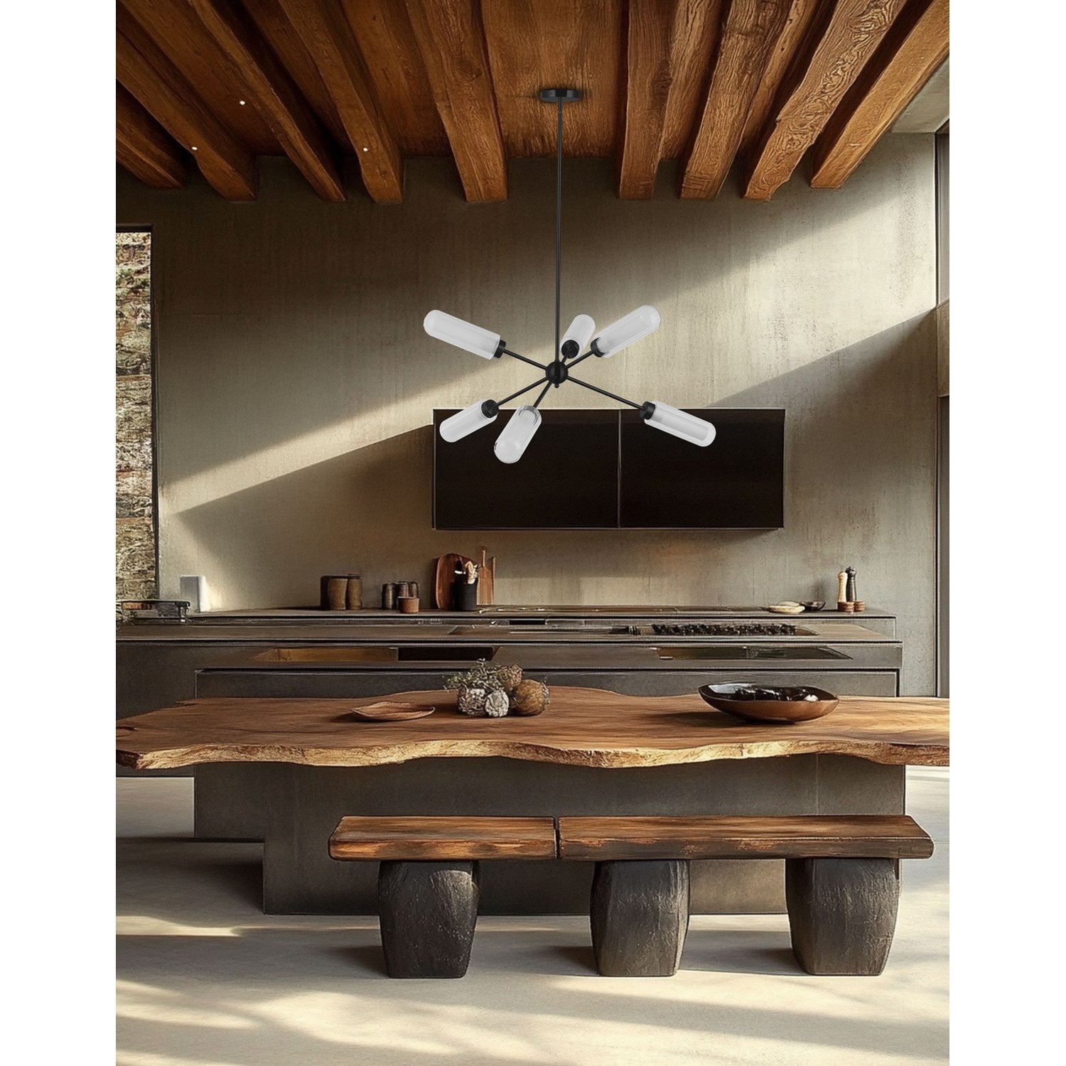 6 Light Matte Black Chandelier W/ Clear Fluted & Frosted Glass