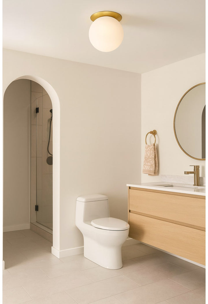 1 Light Aged Brass Incandescent Wall Sconce With White Glass Globe