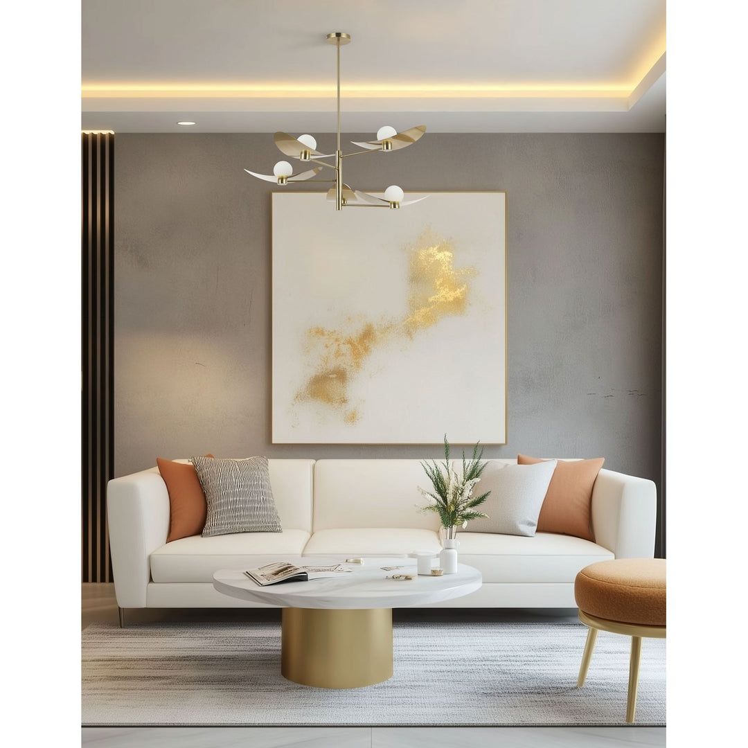 5 Light Aged Brass Chandelier W/ Opal Glass