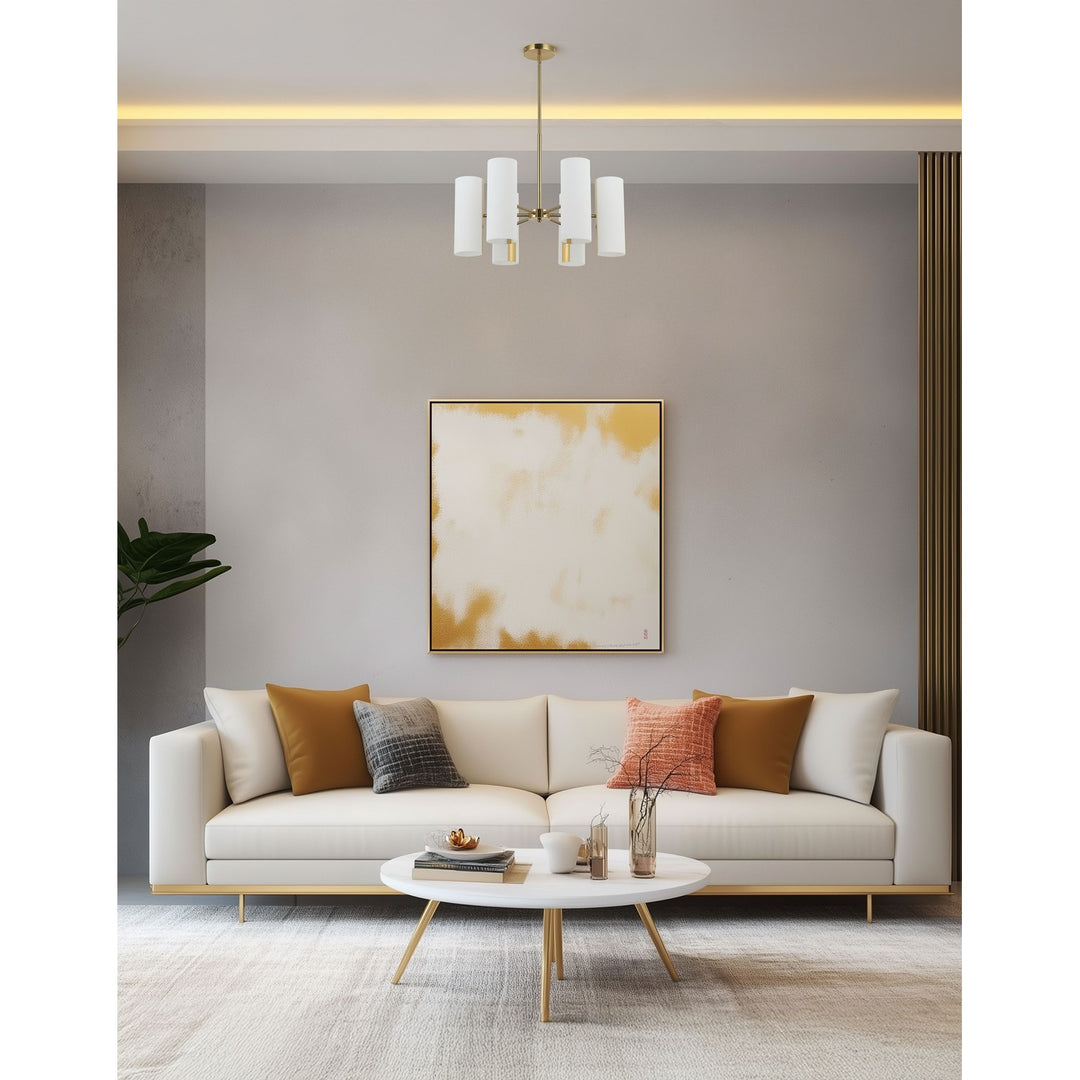 6 Light Aged Brass Chandelier W/ Opal Glass